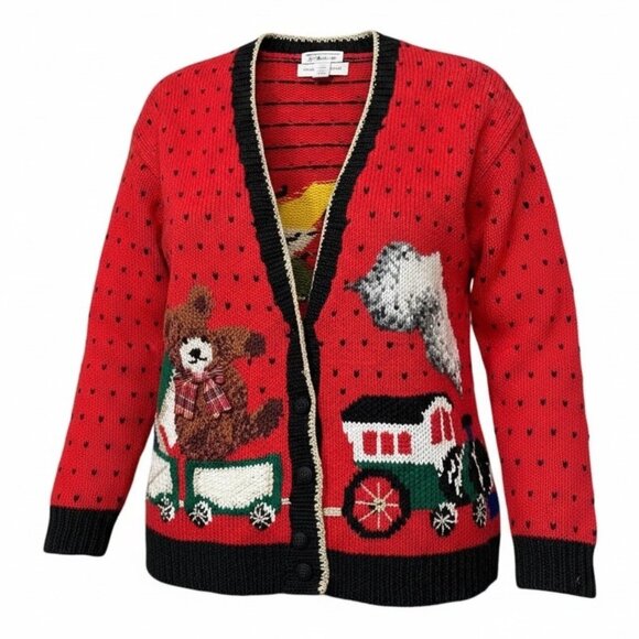 VTG 90s Talbots Womens Large Christmas Toy Train Hand Knit Red Cardigan Sweater - Picture 2 of 12